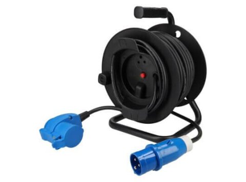 Enrouleur 25 m neoprène P17 mâle avec fiche et prise CEE