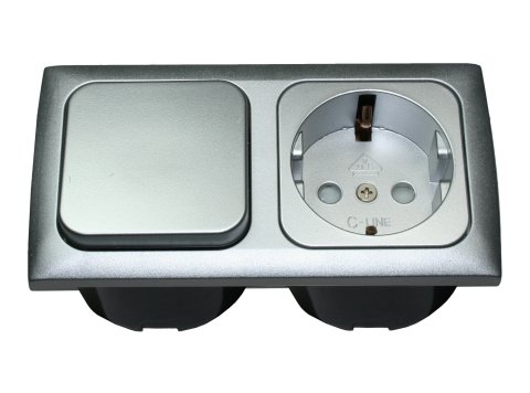 Interrupteur + prise + entourage double + cabochons - Argenté